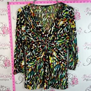 Chaus shirt blouse spotted dots Multicolor V-Neck Twist Front Long Sleeve Top